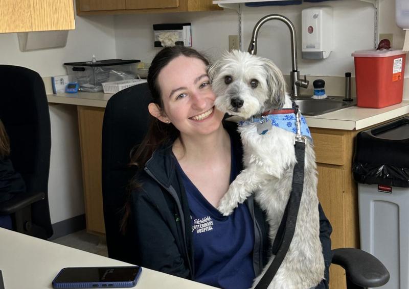 Carousel Slide 3: Even the bravest pup sometimes needs snuggled by their favorite assistant, Emily, during their visit.